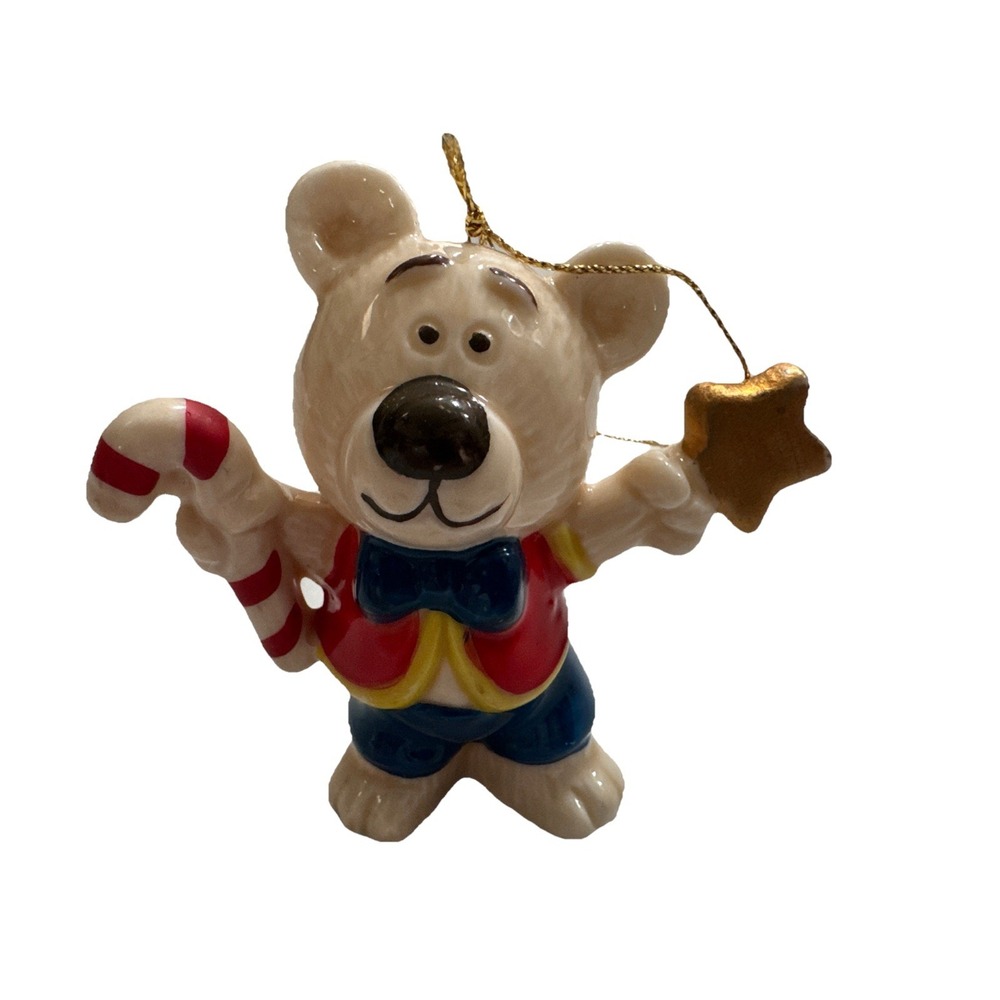 VINTAGE BONE CHINA BEAR‎ IN SUIT STAR CANDY CANE 3.25" ORNAMENT TAIWAN UNBRANDED